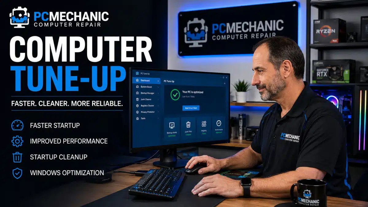 PCMechanic Computer Repair technician performing a professional computer tune-up to optimize Windows performance in Davenport, FL.