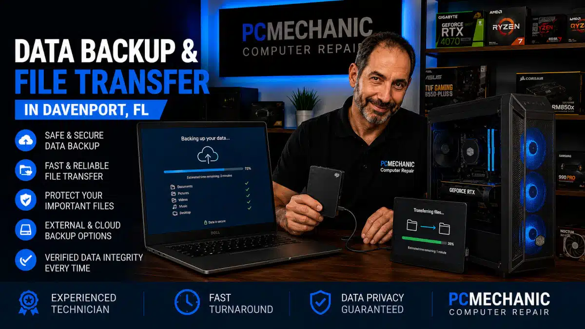 PCMechanic Computer Repair technician performing secure data backup and file transfer to an external drive during a professional data migration service in Davenport, FL.