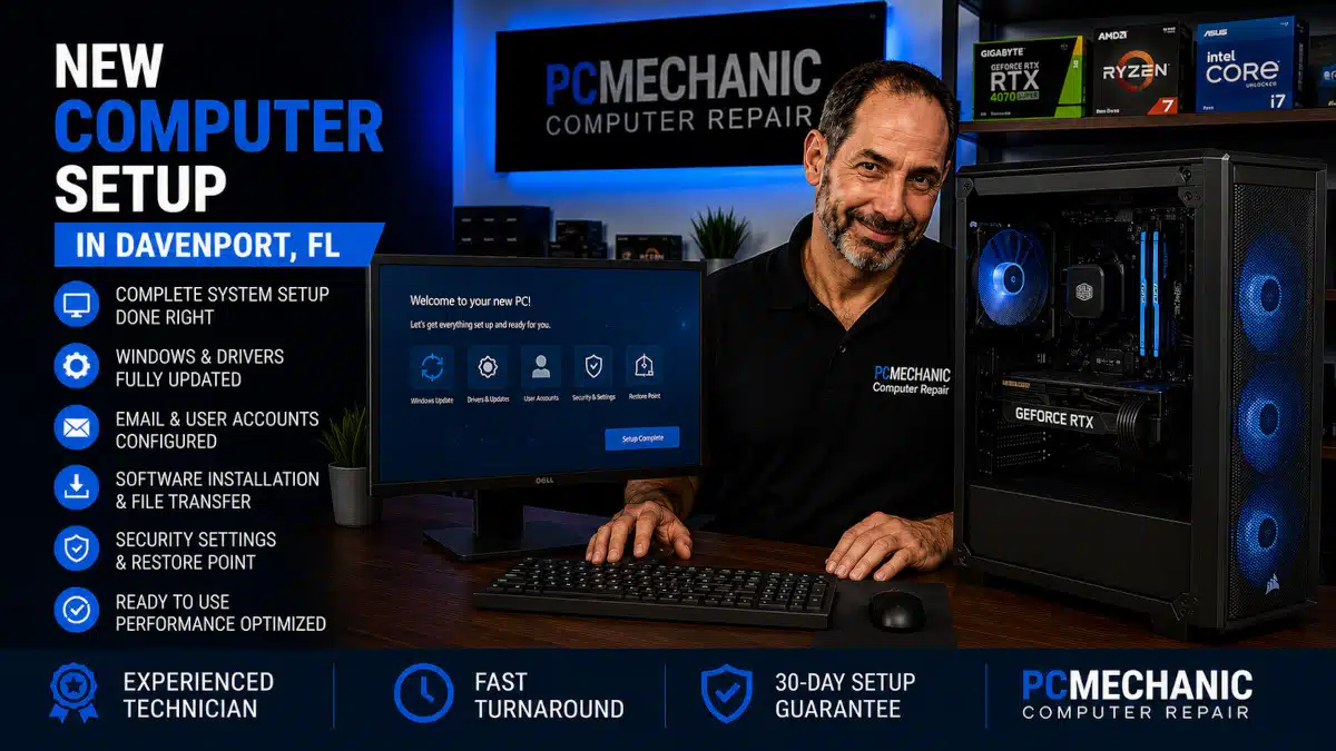 PCMechanic Computer Repair technician performing a new computer setup with Windows configuration, software installation, and system optimization in Davenport, FL.