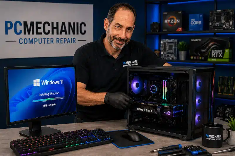 PCMechanic technician performing a Windows 11 installation on a desktop computer during a professional Windows Installation & Reinstallation Service in Davenport, Florida.