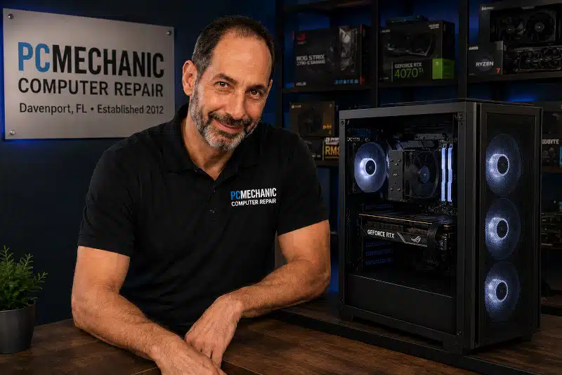 PCMechanic Computer Repair owner and technician with a gaming PC in Davenport FL