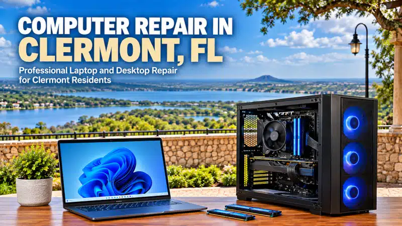 Laptop and desktop computer representing computer repair services for Clermont FL residents
