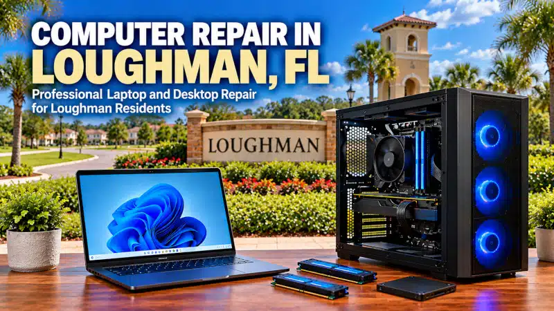 Laptop and desktop computer representing computer repair services for Loughman FL residents