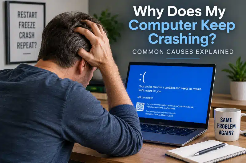 Computer displaying a blue screen error after an unexpected system crash