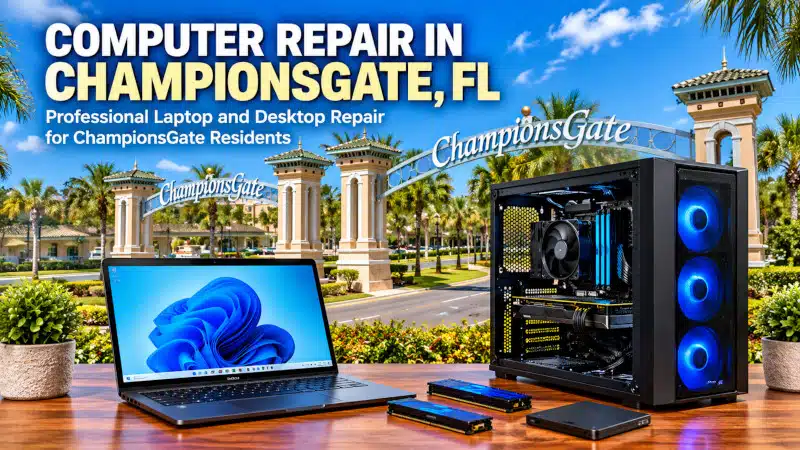 Laptop and desktop computer representing computer repair services for ChampionsGate FL residents